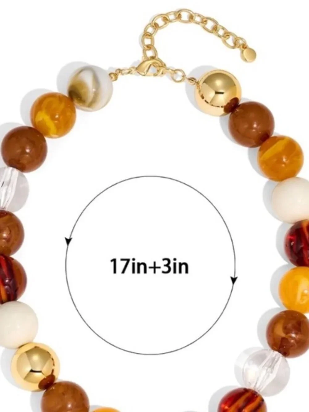 Chunky Amber & Gold Resin Bead Statement Necklace Adjustable Boho Jewelry